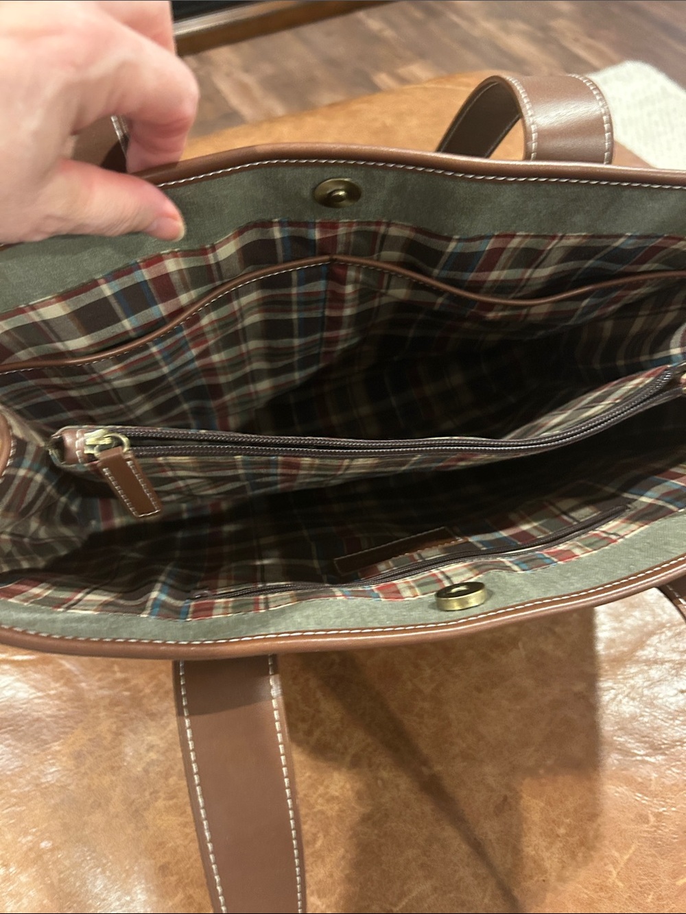 Etienne Aigner Olive Canvas Messenger Tote with Brown Leather Trim - Picture 7 of 8